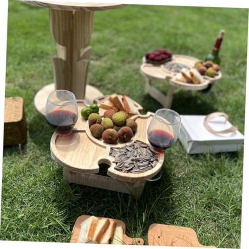 Portable Folding Beach Table for Outdoor Picnic and Camping, Wood Wine Desk with Wine Holder Tray, 35cm Diameter Portable Beverage Table for Patio and Lawn Use