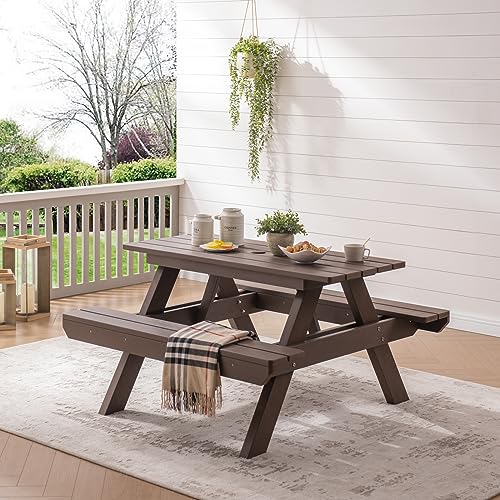 Psilvam Picnic Table with Benches, Heavy Duty Poly Lumber with Umbrella Hole, Weather & UV Resistant Outdoor Picnic Bench Table with Umbrella Hole（Dark Brown）
