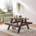 Psilvam Picnic Table with Benches, Heavy Duty Poly Lumber with Umbrella Hole, Weather & UV Resistant Outdoor Picnic Bench Table with Umbrella Hole（Dark Brown）