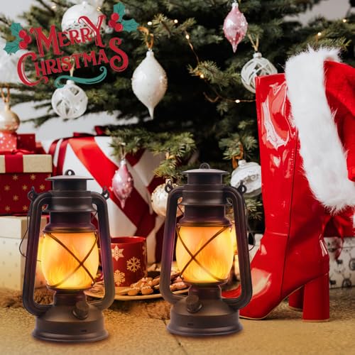 Lantern LED Battery Powered Camping Lamp Outdoor Hanging Rechargeable Lantern Flickering Flame Retro Lanterns Remote Control 4 Modes Light Non-Solar 2 Pack