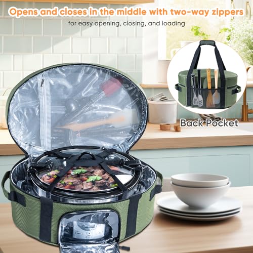 Insulated Slow Cooker Carrying Bag for 6-8 Quart CrockPot and Hamilton Beach Slow Cooker with See-thought Window, Portable Carrier Case with Adjustable Band and Accessory Pocket - color: Green