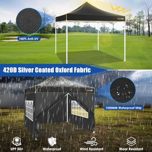 HOTEEL Canopy Tent 10x10 Heavy Duty Pop Up Canopy with Sidewalls, Commercial Instant Waterproof Tent for Vender Patio, UV 50+ with Silver Coated, Upgraded Thickened Hexagonal Legs, Black - color: Black, size: 10x10FT (+4 Walls)