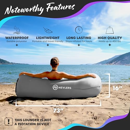 Nevlers Gray Inflatable Lounger | 210T Polyester Inflatable Chair | No-Pump Blow Up Couch | Air Sofa w/ 450lbs. Capacity, Pockets & Matching Bag | Use as Beach Chair Inflatable Couch for Adults & Kids - color: Grey, size: 1 Pack