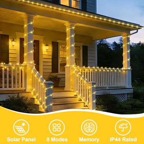 YEGUO Solar Rope Lights Outdoor Waterproof, 66ft 200 LED Warm White String Lights, 8 Modes Fairy Lights in Clear Thin Tube - color: Warm White