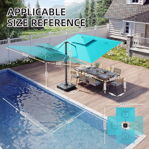 9 X 12 FT Cantilever Patio Umbrella with Led Lights and Base Included Heavy Duty Outdoor Double Top Large Rectangle Offset Umbrellas with 360-degree Rotation for Garden Pool Deck Backyard, Turquoise - color: Turquoise, size: 9' X 12'- Weighted Base Includ