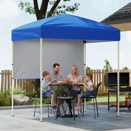 Tangkula 6x4 Ft Pop Up Canopy, UPF 50+ Instant Setup Canopy Tent with Sidewall, 4 Stakes, Portable Outdoor Canopy with Carrying Bag for Camp, Beach, Patio (Blue) - color: Blue