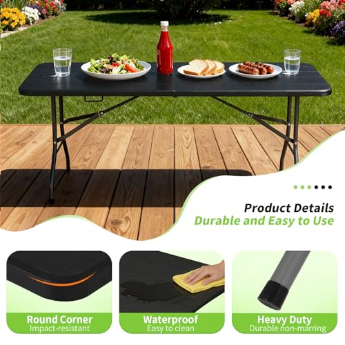BestOffice 6 FT Picnic Table, Portable Plastic Folding Table with Carrying Handle Perfect for Picnics, Parties, Party and Camping, Black Wood Grain - color: Black Wood Grain, size: 6 FT 70"x28"