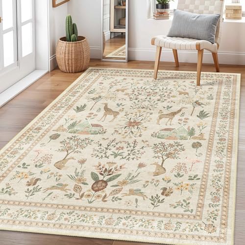 Beige Rug 3x5, Washable Boho Floral Botanical Animal Area Rug with Non Slip Backing Design,Indoor Soft Low Pile Carpet for Bedroom, Bedside, Kitchen, Kids Room, College Dorm for Girls - color: B#pink (Animal), size: 3' x 5' (Rectangular)