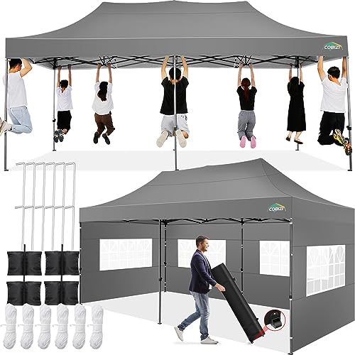COBIZI 10x20 Pop up Canopy Tent 10x20 Canopy with 6 Sidewalls Waterproof Heavy Duty Commercial Tent for Parties Outdoor Garden Gazebo, Carry Bag with Wheel(10x20ft, Gray) - color: Gray, size: 10X20FT 6 Sidewalls