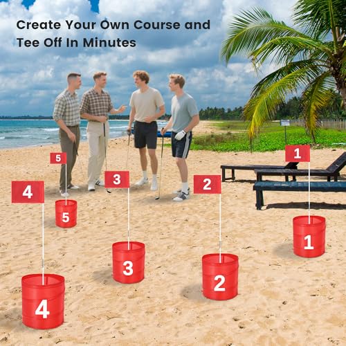 Golf Bucket Yard Game 9-Hole Set with 2 Clubs, Portable Outdoor Yard Game for Family and Adults, Golf Chipping Games Practice Games for Lawn, Beach, Camping, Park