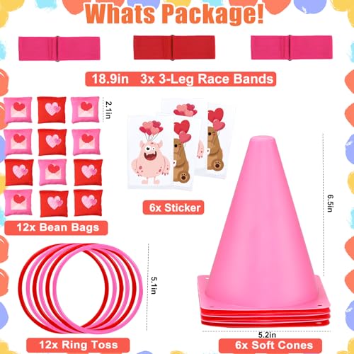 39Pcs 4 in 1 Valentines Day Party Games for Kids with Ring Toss, Plastic Cones, Bean Bags, 3-Legged Race Bands, Stickers, Carnival Valentine's Games Activity Combo Set for Classroom Indoor Outdoor - color: Valentine's Pink-Stickers