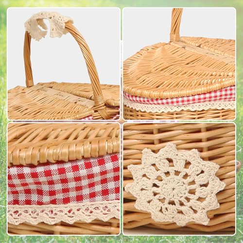 Picnic Basket，Handwoven Wicker Picnic Basket with Lid, Storage Hamper with Handle, Rattan Serving Basket for Outdoor, Beach, Camping