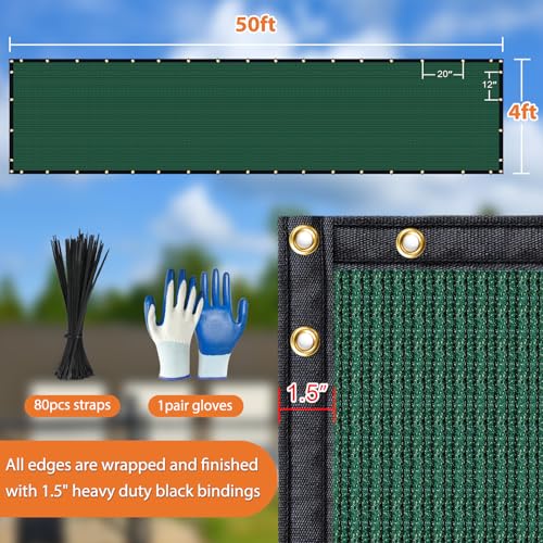 Privacy Fence Screen,with Gloves, 4X50FT Heavy Duty 220GSM 98% Blockage Privacy Screen Fence for Outdoor Wall Garden Yard Backyard (Dark Green) - color: Green, size: 4x50 Ft