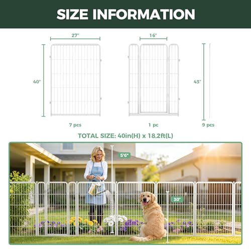 FXW Garden Fence Outdoor for the Yard – 40in(H) x 18.2ft(L) Heavy Duty Metal Animal Barrier for Dog, No Dig Decorative Dog Fence, 8 Panels, White - color: White, size: 40"H