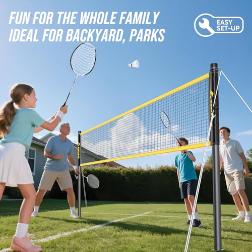 Professional Badminton Set with Carbon Fiber Badminton Rackets Set of 4, Outdoor Portable Badminton Net with Anti-Sag Winch System, 4 Nylon Badminton Shuttlecocks and Bag - color: Yellow