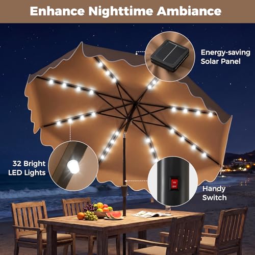 Tangkula 10 FT Solar Patio Umbrella with Base Included, 2-Tiers Outdoor Scalloped Table Umbrella with 32 LED Lights, 2 Sandbags, Tilt Adjustment, Crank, 8 Ribs for Market Backyard Pool Deck Beach Lawn (Coffee, 10 FT) - color: Coffee, size: 10 FT