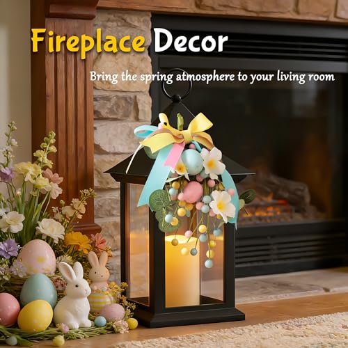 JOIONE Easter Lanterns Decorative Indoor, 2 Packs 14" Battery-Powered Waterproof Black LED Candle Lanterns with Timer for Patio & Outdoor, Hanging Lantern for Easter Party Decorations, Transparent - style: Easter Decorative Lantern