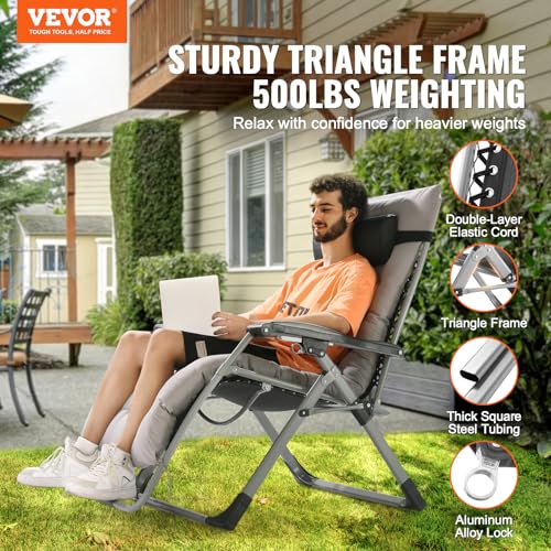 VEVOR Zero Gravity Chair, 33 inch Zero Gravity Recliner Lounge Chair for Indoor and Outdoor, Adjustable Anti Gravity Chair with Cushion, Headrest, Footrest, and Cupholder, 500 lbs, Gray - color: Grey, size: 33 Inch
