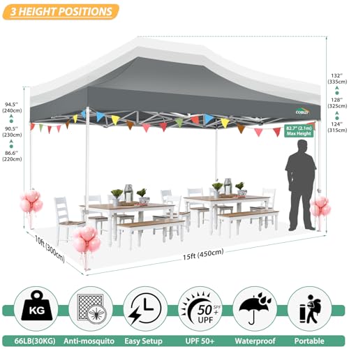 COBIZI 10x15 Heavy Duty Pop up Canopy with 4 Sidewalls, Canopy Tent with Mosquito Netting, Easy up Screen Party Tents for Parties Wedding Patio Backyard Commercial Gazebo with Handbag, Gray - color: Gray, size: 10x15ft(standard)