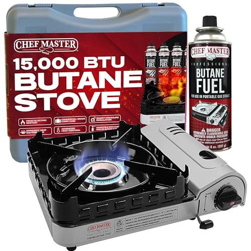 Chef Master 15,000 BTU Butane Portable Camp Stove | Double Wind-Guard Portable Stove Burner w/Piezo Click Ignition for Emergencies, Tailgating, Hiking, Backpacking & Camping Essentials - 90019 - size: StoveOnly