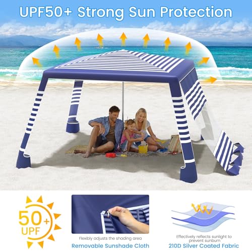 MoKo Beach Cabana, 8'×8' Large Beach Canopy with Side Wall, UPF 50+ Protection Easy Setup Beach Tent Sun Shelter, Adjustable Height Wind Resistant Cabana Beach Tent for Whole Family, Navy Stripes - color: Navy Stripes