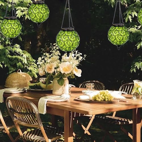 Solar Hanging Lantern Outdoor Garden Lights, Round Glass and Metal Hanging Lantern, 15 Firefly LED Lights, 7 x 20 Inch (Green) - color: Green