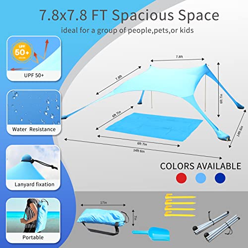 77 FT Beach Tent Sun Shelter UPF50+ UV Protection, Outdoor Canopy Tent Sun Shade with 2 Poles for Camping, Fishing, Backyard and Picnics with Sandproof Beach Blanket Blue - color: Blue