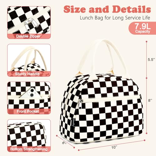 FlowFly Lunch Bag for Women Insulated Lunch Box Corduroy Lunch Tote Cooler for Travel Work Picnic,Corduroy Plaid Black - color: Corduroy Plaid White