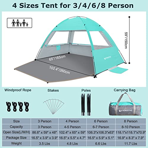 Venustas Beach Tent Sun Shelter for 3/4/6/8 Person, UPF 50+ UV Protection Beach Canopy, Lightweight and Easy Setup Cabana, Portable Shade Tent - color: Crystal Mint, size: 8 Person