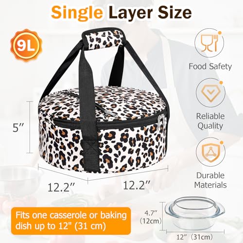 Round Insulated Casserole Carrier – 12" Portable Pie Carrier Bag for Hot or Cold Food, Leakproof Thermal Lunch Tote with Handle for Parties Picnic & Travel - Leopard - color: Leopard, size: Single