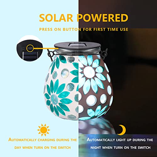 Afirst Mosaic Solar Lanterns Outdoor - Glass Hanging Solar Lights Hollow Out Waterproof Table Lamp Outdoor Decorative for Garden, Patio, Holiday Party Outdoor Decoration - style: Blue daisy