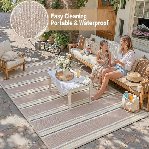 PureCozy Outdoor Waterproof 6x9 Rug for Patio Reversible Plastic Straw Beige Striped Camping Mat Outside Lightweight Large Floor Mat for RV Deck Beach Balcony Picnic Backyard Entry Porch - color: Stripe | Beige Cream, size: 6' x 9' (Rectangular)