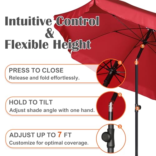 Blissun 6.5ft Patio Umbrella with Push Button Tilt & Height Adjustable, UV50+ Sun Protection with Sturdy Fiberglass Ribs & Iron Pole, Market Umbrella for Outdoor Table Garden Backyard Beach - color: Red