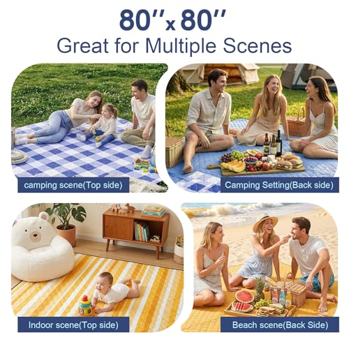 2 in 1 Tote Picnic Blanket Waterproof Outdoor Camping Mat,Large Capacity Beach Blanket 80''x80'' 7 Layers Easy to Foldable and Carry. - color: Bluecheck