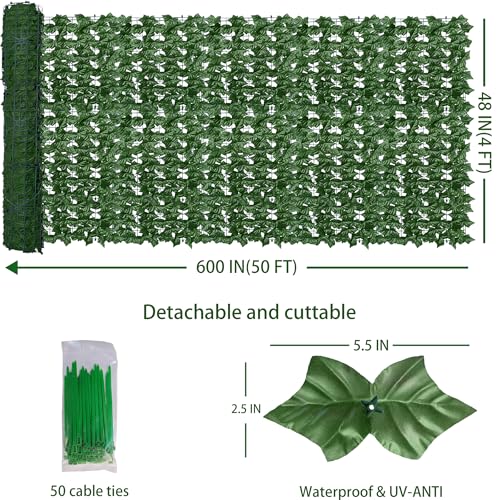 ODTORY Artificial Fence Privacy Screen: 4FT x 50FT UV-Anti Faux Greenery Backdrop Ivy Chain Link Shades Panels for Patio, Balcony, Garden,Deck,Backyard Indoor Outdoor Green Wall Decor - size: 4 ft x 50 ft- Chain Link