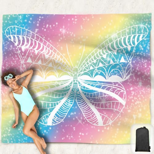 Beach Blanket Waterproof Sandproof Oversized 95”x 80”,Sand Free Beach Mat with Corner Pockets,Portable Mesh Bag for Travel and Outdoor Camping (EthnicButterfly) - color: Ethnicbutterfly