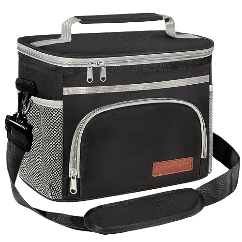 ExtraCharm Insulated Lunch Bag for Women/Men - Reusable Lunch Box for Office Picnic Hiking Beach - Leakproof Cooler Tote Bag Organizer with Adjustable Shoulder Strap for Adults-Black grey - color: Black grey