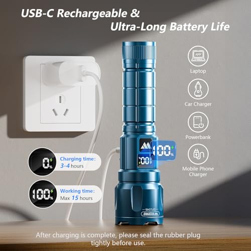 WdtPro LED Rechargeable Flashlight 2 Pack, 3 Modes Super Bright High Lumens Flashlights, Zoomable Tactical Flash Light with LCD Display, IP65 Waterproof Flashlights for Home Emergency Camping - Blue - color: Blue