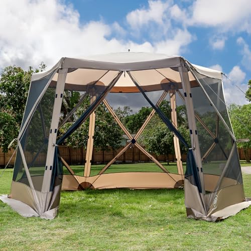 EVER ADVANCED Pop up Screen House Tent for Camping 11.5 x 9.8 ft, Instant Screened Gazebo Canopy with Netting, Portable Shelter Enclosure for Outdoor, Backyard, Khaki - color: Khaki