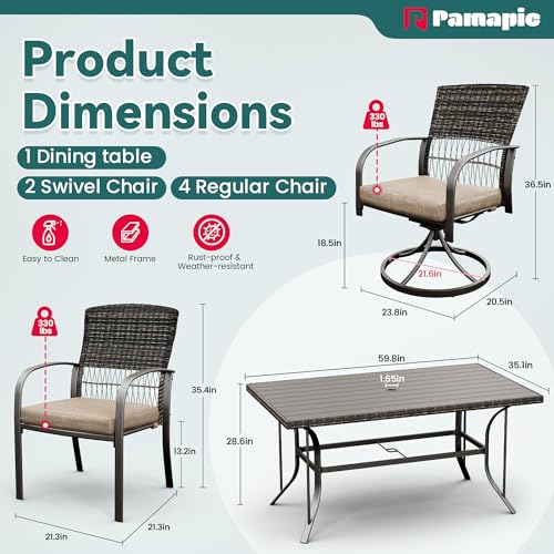 Pamapic 7-Piece Outdoor Dining Set with Table, Patio Furniture Includes 2 Swivel Chairs, 4 Wicker Chairs & Beige Removable Cushions, Weather Resistant Iron Frame for Backyard, Deck, Garden (Beige) - color: Beige
