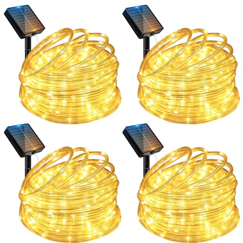 btfarm 4 Pack Solar Rope Lights, 120LED 46FT Solar String Lights Outdoor Waterproof, 8 Lighting Modes Solar Powered Strip Tube for Outside Garden Tree Christmas Yard Patio Wedding Decor, Warm White - color: Warm White, size: 4 Pack