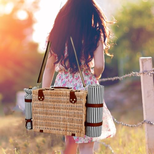 Picnic Basket with Blanket and Wine Pouch for 4, Wicker Picnic Set with Insulated Liner Cooler Bag Hamper for Camping,Wedding - Stripes - color: Stripes With Blanket for 4