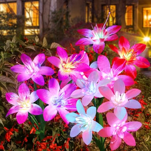Aukora Solar Garden Lights Outdoor 10 Pack, 5 Colors Lily Flowers & 7-Color Changing Led Lights for Outside, Solar Outdoor Light Waterproof for Pathway Patio Yard Decor, Red Yellow Blue White Purple - size: 10 pack