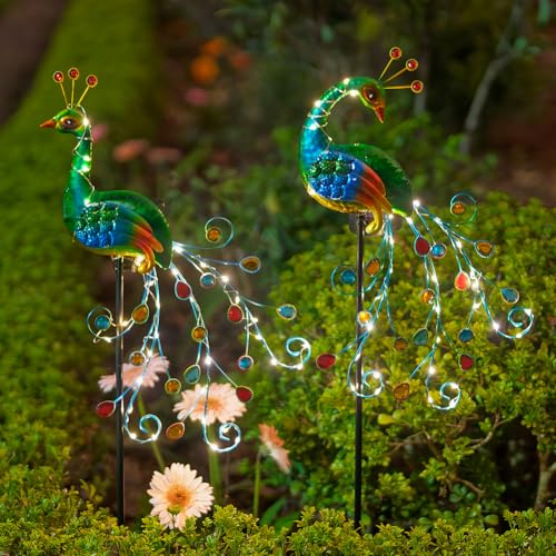 DREAMSOUL 2 Pack Peacock Solar Lights Outdoor, Tall Waterproof LED Outdoor Solar Lights for Yard Pathway Peacock Decor - color: orange-2pack