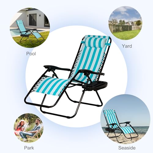 Nazhura Set of 2 Relaxing Recliners Patio Chairs Adjustable Steel Mesh Zero Gravity Lounge Chair Beach Chairs with Pillow and Cup Holder (Light Blue Stripe) - color: Light Blue Stripe