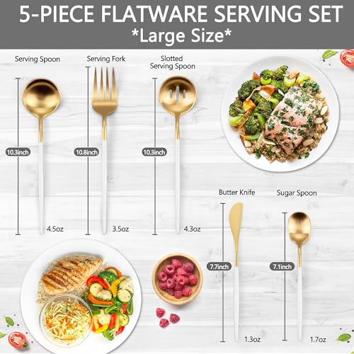 Serving Utensils,Set of 5 Matte Whitegold Large Serving Spoon,Slotted Serving Spoon and Serving Fork,with Sugar Spoons and Butter Knife,Stainless Steel Serving Utensils Set for Party Catering Buffet - color: Whitegold