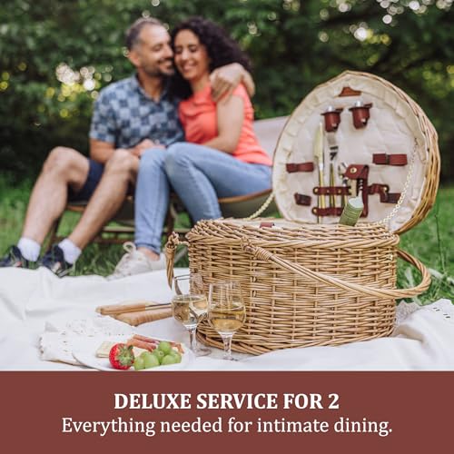 PICNIC TIME Heart Picnic Basket for 2, Wicker Basket with Handle, Complete Deluxe Service for Two, Handwoven and Sturdy Willow Constructed with Fully-lined interior and Accessories, (Antique White)