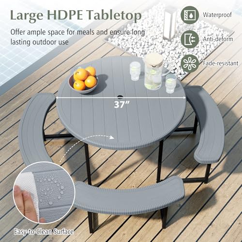 Byroce 8-Person Picnic Table for Outdoors, HDPE Picnic Table Set with 4 Benches, Umbrella Hole & Metal Frame, Heavy Duty Round Dining Table Chairs for BBQ Party in Patio, Yard & Poolside (Gray) - color: Grey