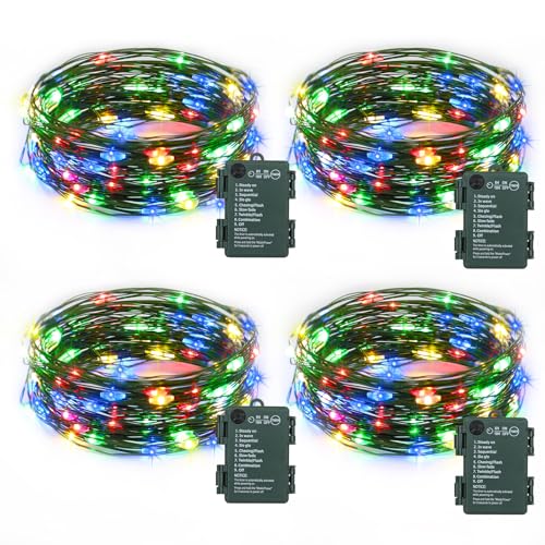4 Pack Fairy Lights Battery Operated, 16.4 Ft 50 LED Starry Fairy Lights with Auto Timer Dark Green Copper Wire Twinkle Lights for Wedding Bedroom Christmas (Multicolor) - color: Multicolor-Green Wire