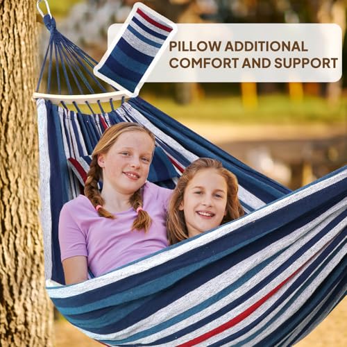 Chihee Cotton Hammock Holds Up to 660lbs Fabric Hammock 8.9x4.9ft Soft Portable Tree Hammocks Camping with Detachable Spreader Bar Pillow 2 Strong Webbings 2 Carabiners Indoor Outdoor Backyard Garden - color: Blue/Red/White Stripes, size: 270x150cm